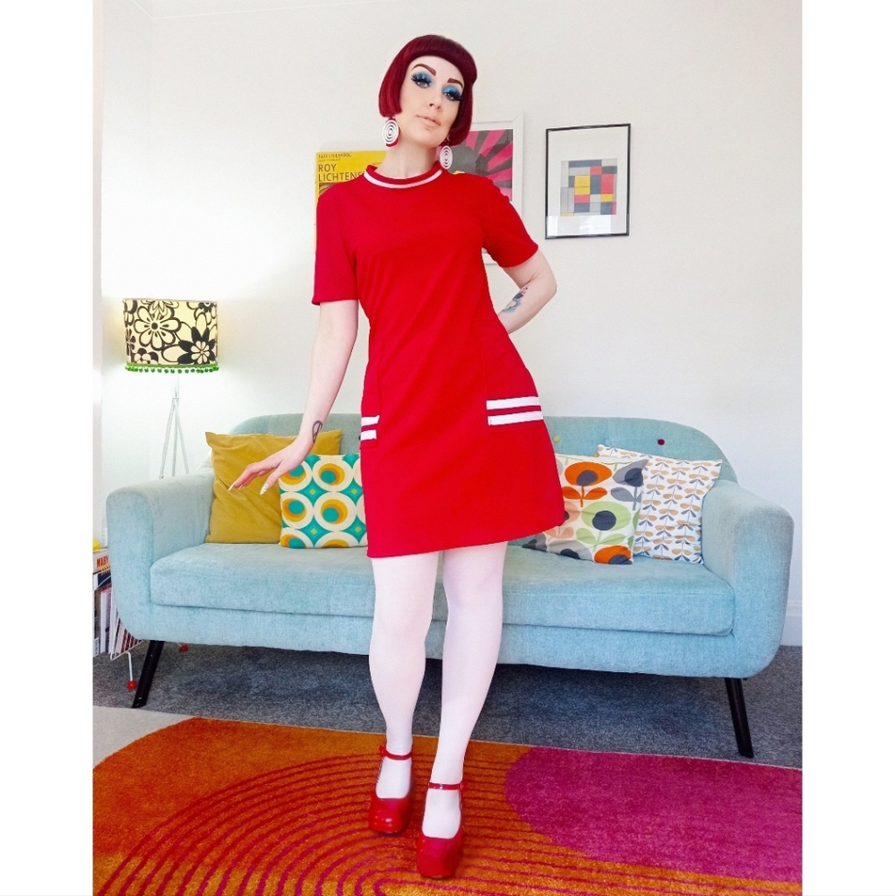 Love Her Madly "Lulu" Red Short Sleeve Minidress with White Trim